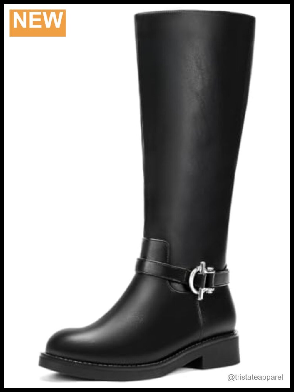 Wide Calf Knee High Boots Low Chunky Heel Faux Leather Riding Boots